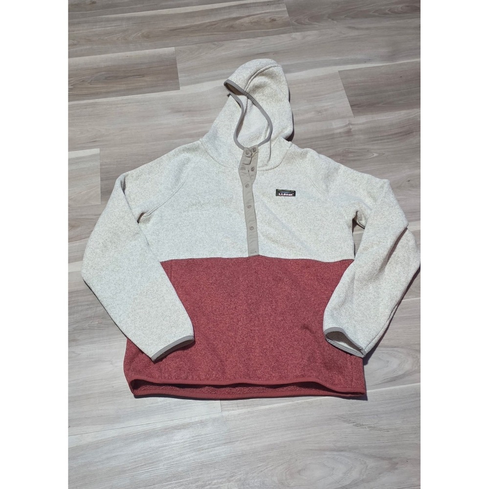 LL Bean Sweater Fleece Pullover Hoodie Womens Medium Colorblock Red Oatmeal